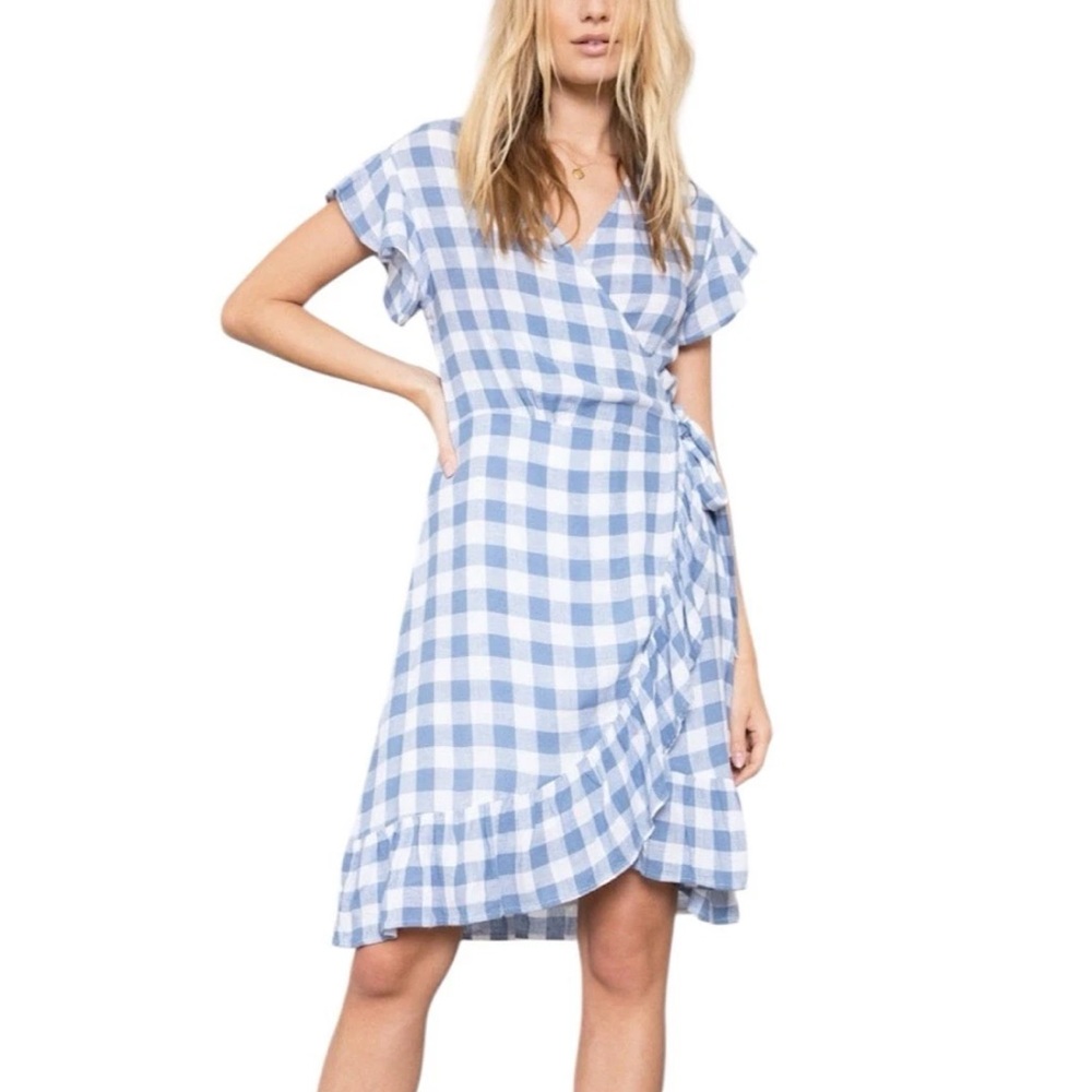 Rails Women’s Brigitte Periwinkle Check Wrap Dress Ruffle Linen Blend Size Small